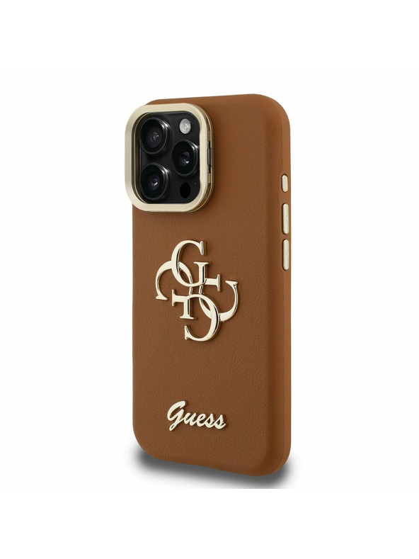 Guess Guess PU Grained 4G Logo Stand Camera Frame Zadní Kryt pro iPhone 15 Pro Max Brown
