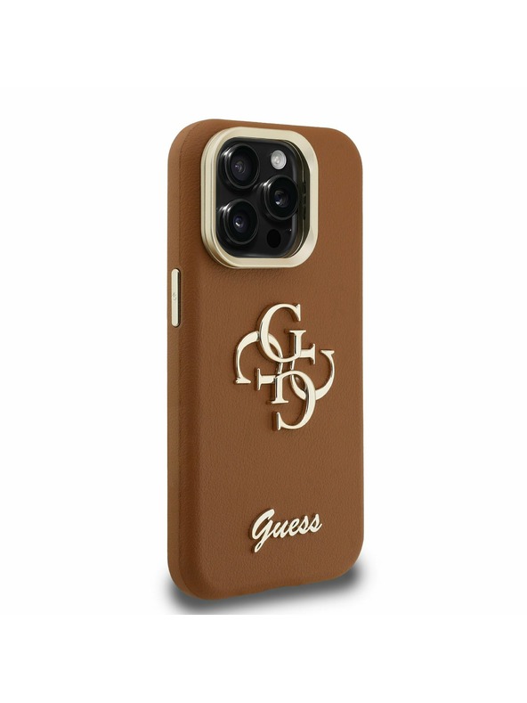 Guess Guess PU Grained 4G Logo Stand Camera Frame Zadní Kryt pro iPhone 15 Pro Max Brown