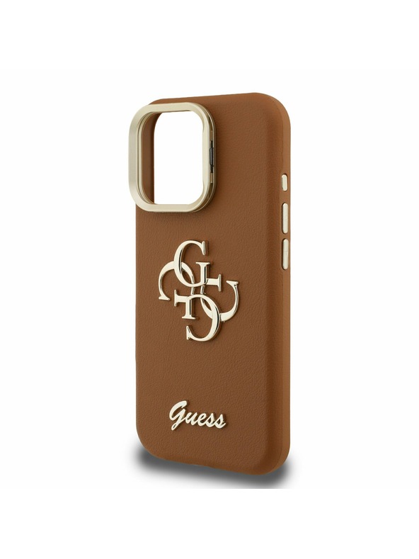 Guess Guess PU Grained 4G Logo Stand Camera Frame Zadní Kryt pro iPhone 15 Pro Max Brown