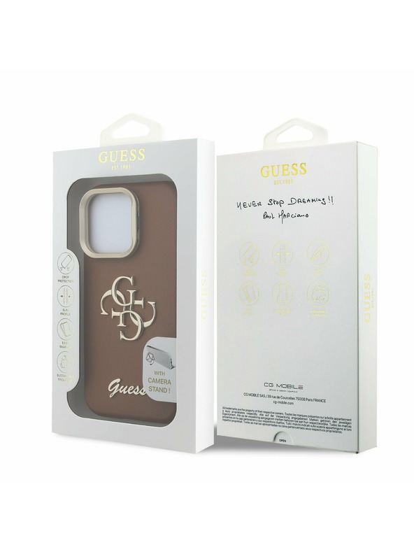 Guess Guess PU Grained 4G Logo Stand Camera Frame Zadní Kryt pro iPhone 15 Pro Brown