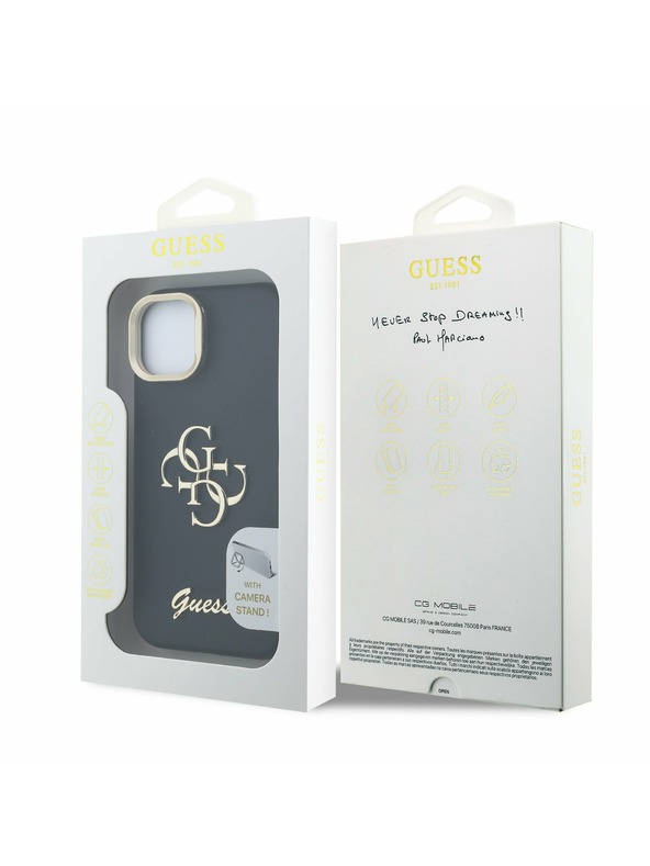 Guess Guess PU Grained 4G Logo Stand Camera Frame Zadní Kryt pro iPhone 13 Black