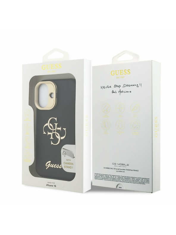 Guess Guess PU Grained 4G Logo Stand Camera Frame Zadní Kryt pro iPhone 16 Black