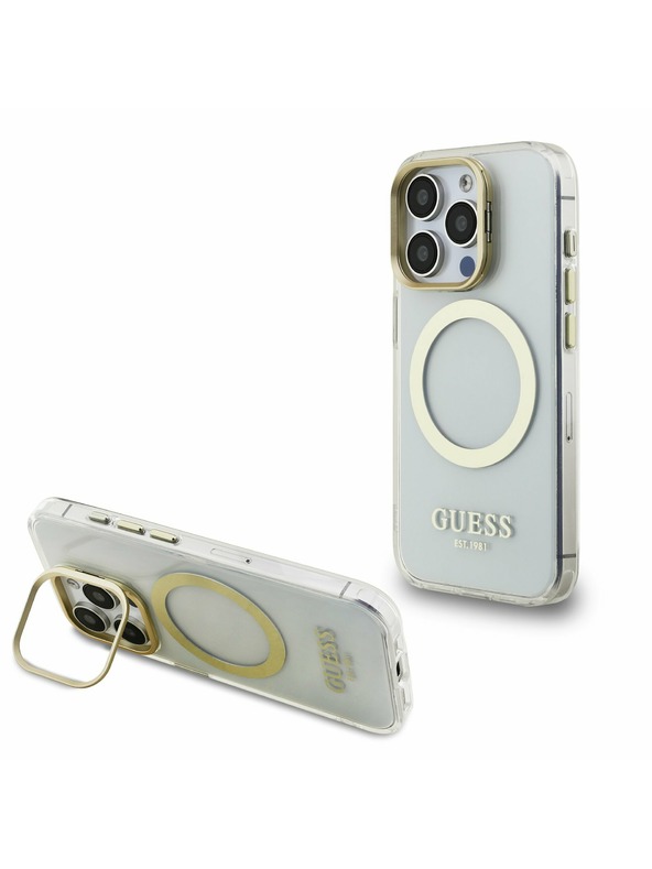 Guess Guess IML Gold Outline Stand Camera Frame MagSafe Zadní Kryt pro iPhone 15 Pro Transparent