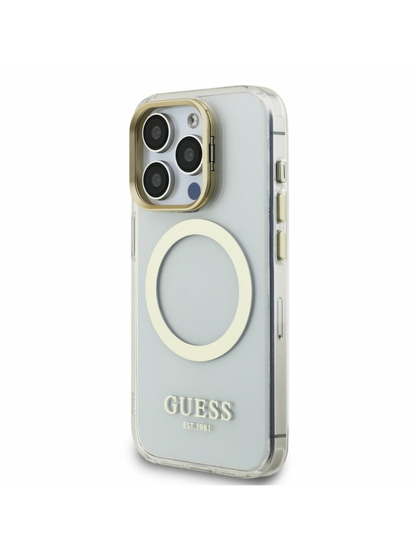 Guess Guess IML Gold Outline Stand Camera Frame MagSafe Zadní Kryt pro iPhone 15 Pro Transparent