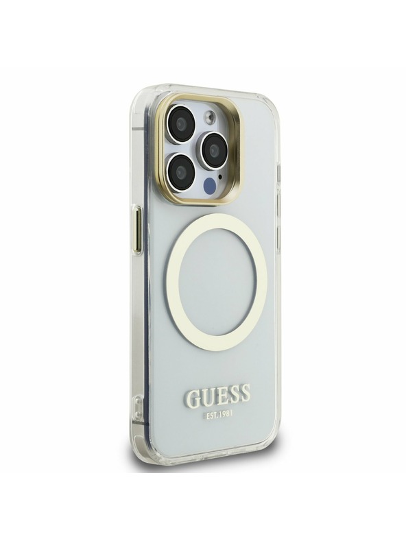 Guess Guess IML Gold Outline Stand Camera Frame MagSafe Zadní Kryt pro iPhone 15 Pro Transparent