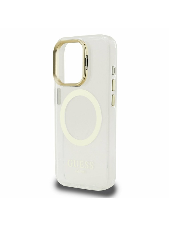 Guess Guess IML Gold Outline Stand Camera Frame MagSafe Zadní Kryt pro iPhone 15 Pro Transparent