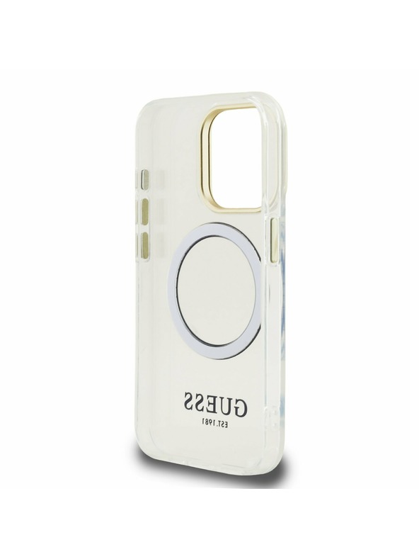 Guess Guess IML Gold Outline Stand Camera Frame MagSafe Zadní Kryt pro iPhone 15 Pro Transparent