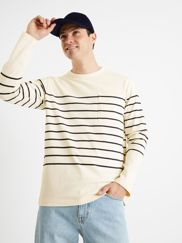 Celio Krémové pánské pruhované tričko Celio Veboxmlr