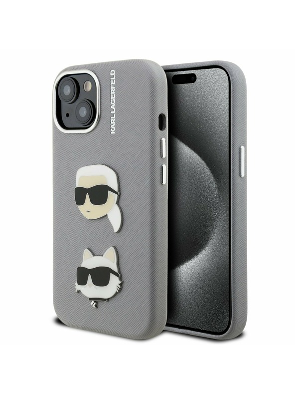 Karl Lagerfeld Karl Lagerfeld Grained PU K&CH Heads Zadní Kryt pro iPhone 15 Grey
