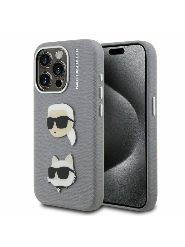 Karl Lagerfeld Karl Lagerfeld Grained PU K&CH Heads Zadní Kryt pro iPhone 15 Pro Max Grey