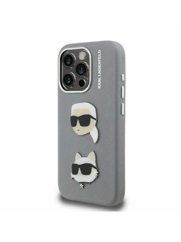 Karl Lagerfeld Karl Lagerfeld Grained PU K&CH Heads Zadní Kryt pro iPhone 15 Pro Max Grey