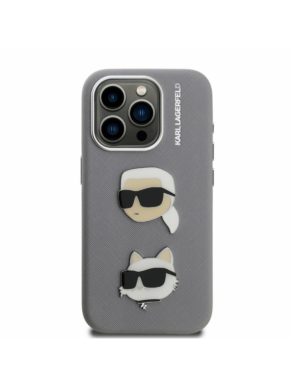 Karl Lagerfeld Karl Lagerfeld Grained PU K&CH Heads Zadní Kryt pro iPhone 15 Pro Max Grey