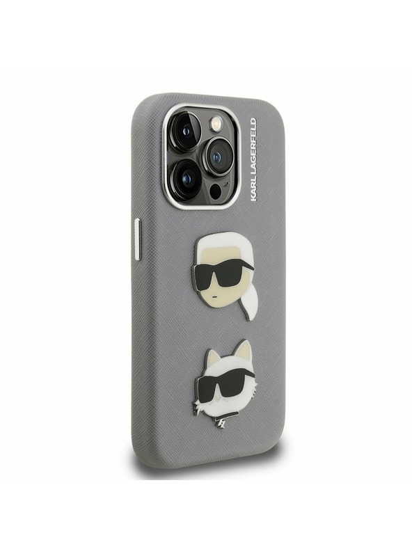 Karl Lagerfeld Karl Lagerfeld Grained PU K&CH Heads Zadní Kryt pro iPhone 15 Pro Max Grey