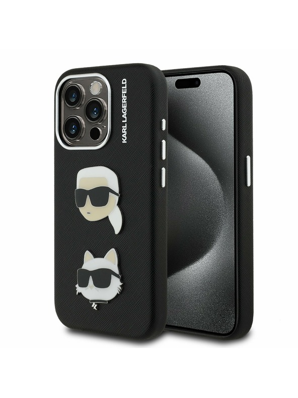 Karl Lagerfeld Karl Lagerfeld Grained PU K&CH Heads Zadní Kryt pro iPhone 15 Pro Black