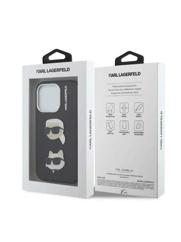 Karl Lagerfeld Karl Lagerfeld Grained PU K&CH Heads Zadní Kryt pro iPhone 15 Pro Black