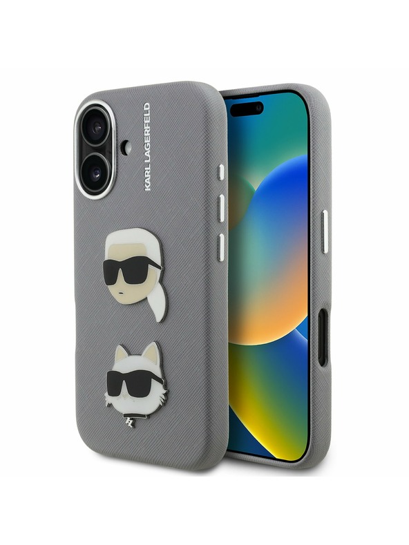Karl Lagerfeld Karl Lagerfeld Grained PU K&CH Heads Zadní Kryt pro iPhone 16 Grey