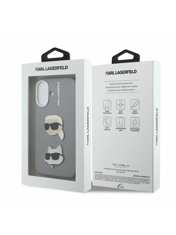 Karl Lagerfeld Karl Lagerfeld Grained PU K&CH Heads Zadní Kryt pro iPhone 16 Grey