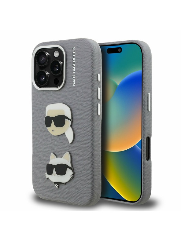 Karl Lagerfeld Karl Lagerfeld Grained PU K&CH Heads Zadní Kryt pro iPhone 16 Pro Max Grey