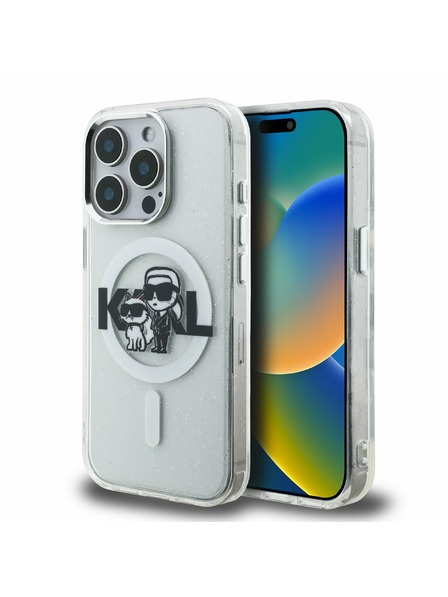 Karl Lagerfeld Karl Lagerfeld IML Glitter Karl and Choupette Sketch MagSafe Zadní Kryt pro iPhone 15 Pro Transparent