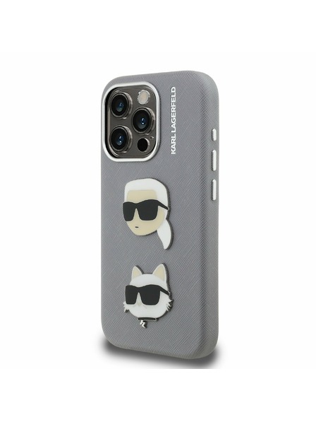 Karl Lagerfeld Karl Lagerfeld Grained PU K&CH Heads Zadní Kryt pro iPhone 15 Pro Grey
