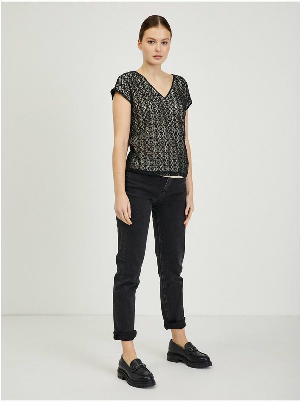 Orsay Béžovo-černé dámské krajkové tričko ORSAY