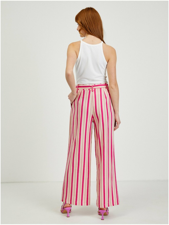 Orsay Růžové dámské lněné pruhované kalhoty ORSAY