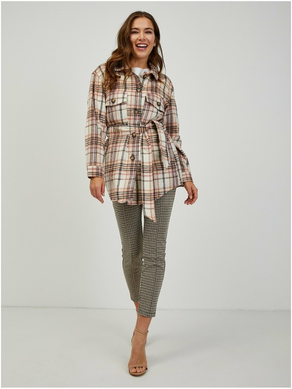 Orsay Růžovo-krémová dámská kostkovaná košilová bunda se zavazováním ORSAY