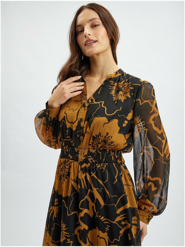 Orsay Hnědo-černé dámské květované midišaty ORSAY