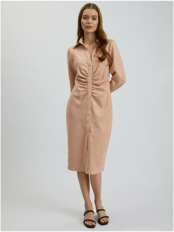 Orsay Světle růžové dámské pouzdrové šaty v semišové úpravě ORSAY