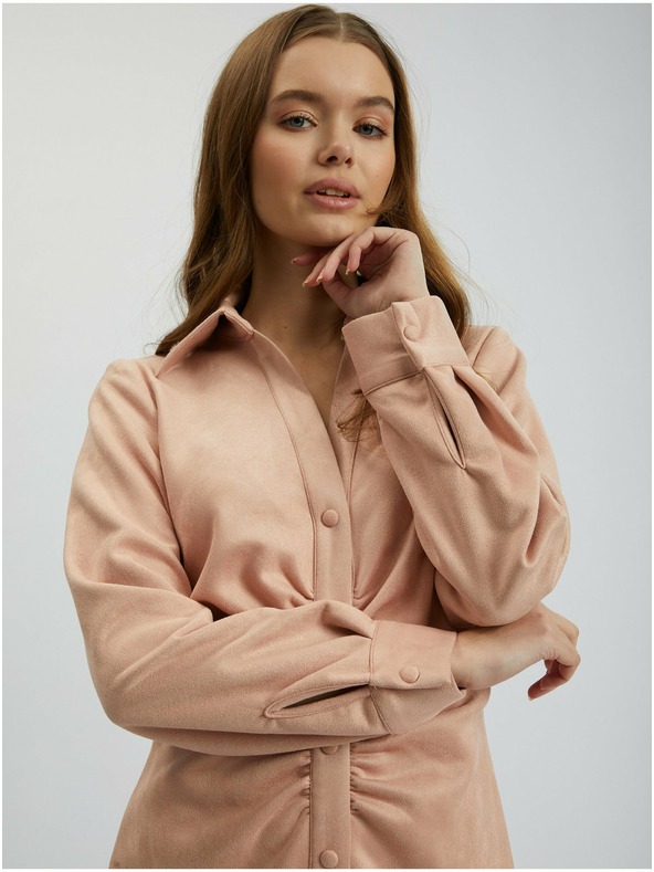 Orsay Světle růžové dámské pouzdrové šaty v semišové úpravě ORSAY