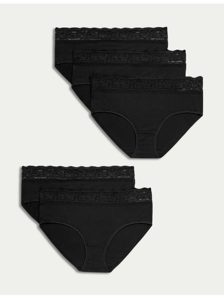 Marks & Spencer Krajkové midi kalhotky z bavlny s lycrou, 5 ks v balení Marks & Spencer černá