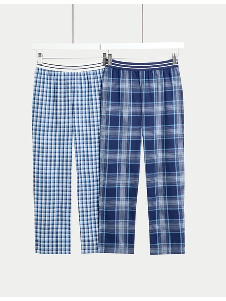 Marks & Spencer Kostkované pyžamové kalhoty z čisté bavlny, 2 ks v balení (6–16 let) Marks & Spencer modrá