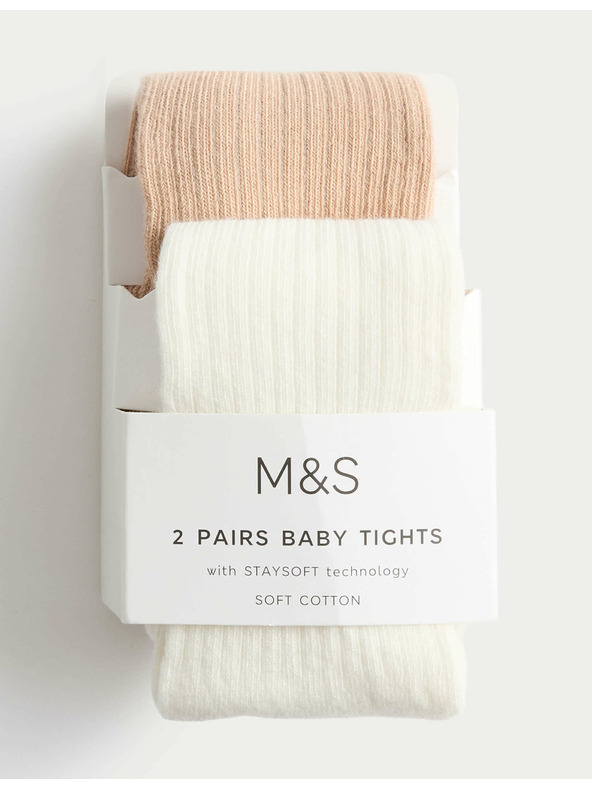Marks & Spencer Sada 2 ks punčoch s žebrováním a vysokým podílem bavlny (0–3 roky) Marks & Spencer smetanová