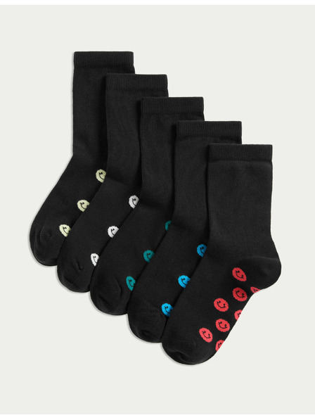 Marks & Spencer Školní ponožky s vysokým podílem bavlny a smajlíky, 5 párů Marks & Spencer černá