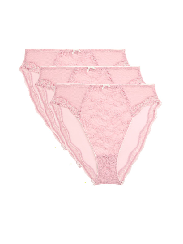 Marks & Spencer Vysoce střižené krajkové kalhotky s vysokým pasem Jasmine, 3 ks Marks & Spencer růžová