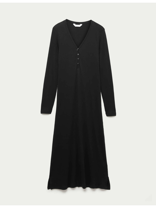 Marks & Spencer Žebrovaná noční košile Henley s dlouhými rukávy Marks & Spencer černá