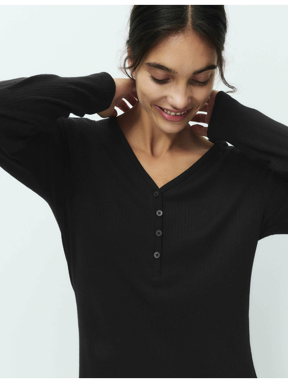 Marks & Spencer Žebrovaná noční košile Henley s dlouhými rukávy Marks & Spencer černá