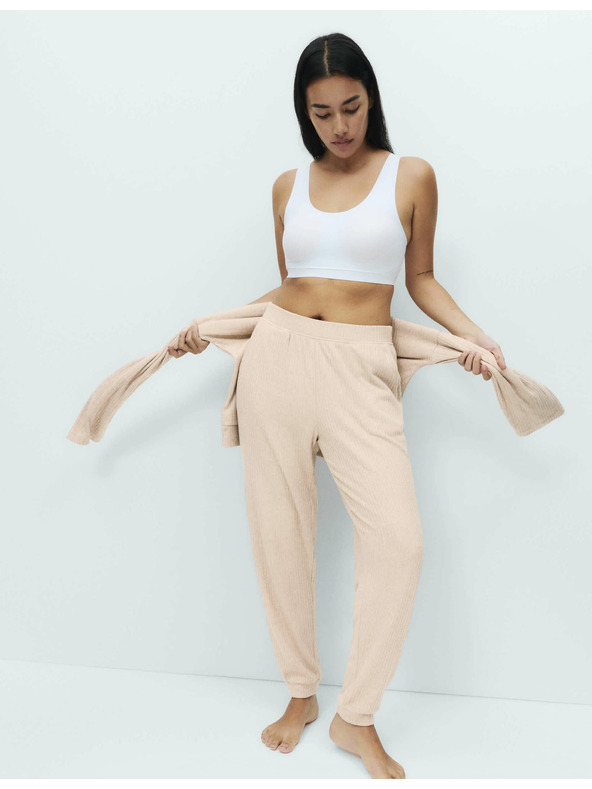 Marks & Spencer Žebrované pyžamové kalhoty s manžetovým lemem Marks & Spencer smetanová