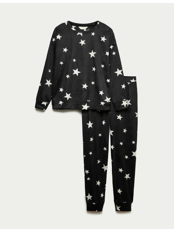 Marks & Spencer Flísová pyžamová souprava s potiskem hvězd a kalhotami s manžetovým lemem Marks & Spencer černá