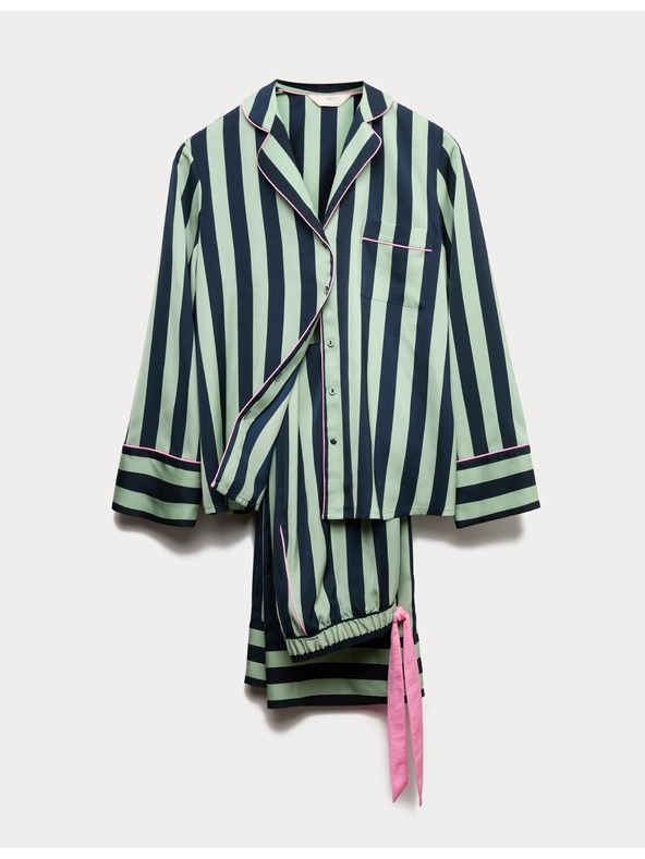 Marks & Spencer Pruhovaná pyžamová souprava s širokými nohavicemi a klopou Marks & Spencer zelená