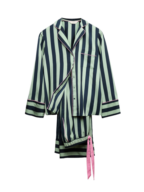 Marks & Spencer Pruhovaná pyžamová souprava s širokými nohavicemi a klopou Marks & Spencer zelená