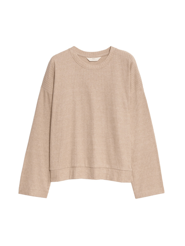 Marks & Spencer Žebrovaný pyžamový top s výstřihem ke krku a dlouhými rukávy Marks & Spencer smetanová