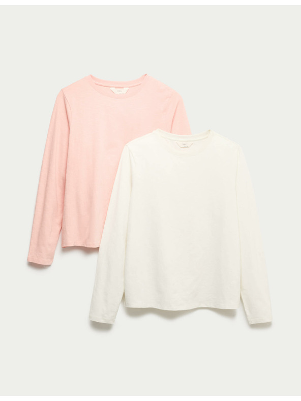 Marks & Spencer Pyžamové topy z čisté bavlny s dlouhými rukávy, 2 ks Marks & Spencer smetanová