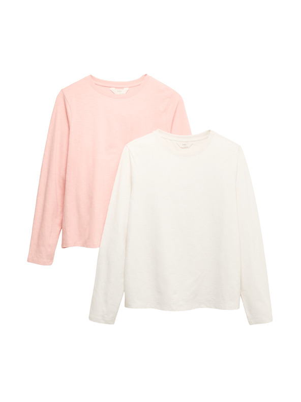 Marks & Spencer Pyžamové topy z čisté bavlny s dlouhými rukávy, 2 ks Marks & Spencer smetanová