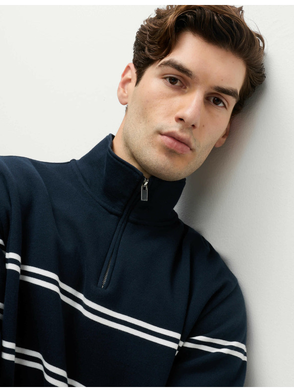 Marks & Spencer Pruhovaná mikina na zip u krku, z čisté bavlny Marks & Spencer námořnická modrá
