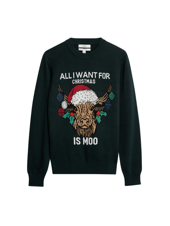 Marks & Spencer Vánoční svetr z čisté bavlny s kulatým výstřihem Marks & Spencer zelená