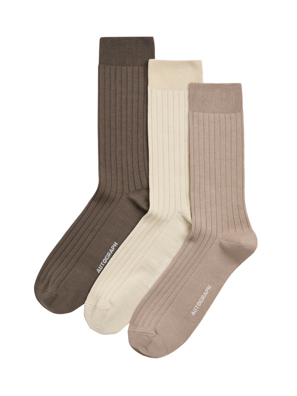 Marks & Spencer 3 páry žebrovaných ponožek, s vysokým podílem egyptské bavlny Marks & Spencer hnědá