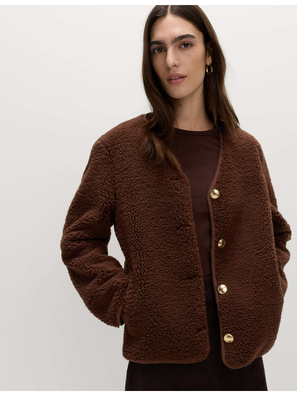 Marks & Spencer Volná bunda z umělé kožešiny se zlatým knoflíkem Marks & Spencer hnědá