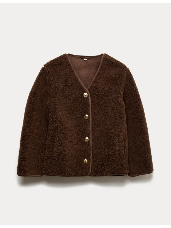 Marks & Spencer Volná bunda z umělé kožešiny se zlatým knoflíkem Marks & Spencer hnědá