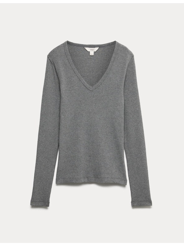 Marks & Spencer Žebrovaný top s výstřihem do V s vysokým obsahem bavlny Marks & Spencer šedá